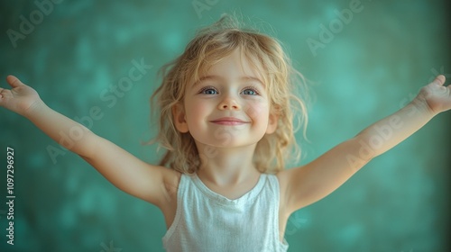 Joyful Toddler with Open Arms Against Teal Background