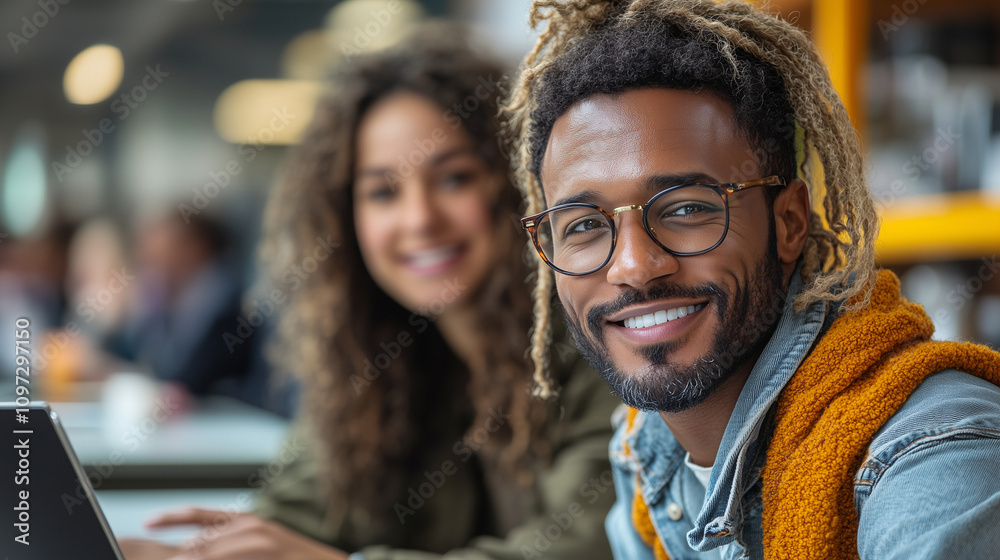A dynamic discussion where employees gather around a laptop, pointing at data on the screen A dynamic discussion where employees gather around a laptop, pointing at data on the screen