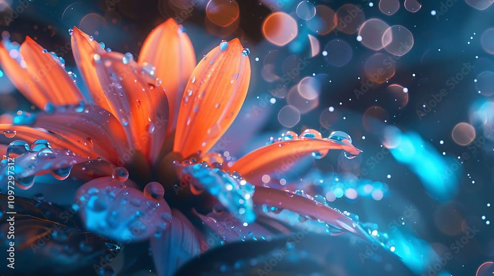 Fototapeta premium Vibrant Flower with Water Droplets Surrounded by Soft Glowing Lights and Bokeh Effect Creating a Dreamy and Magical Atmosphere for Nature and Art Lovers