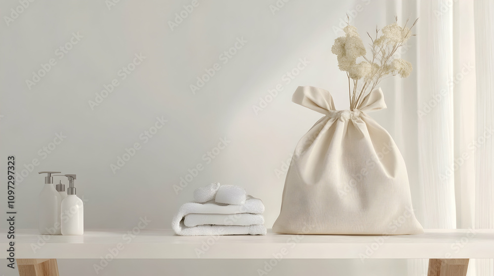 Minimalist white shelf with cotton bag, towels, candles, and dried flowers. Minimalist white shelf with cotton bag, towels, candles, and dried flowers.