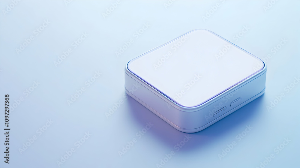 Minimalist white square device on light blue background. Minimalist white square device on light blue background.