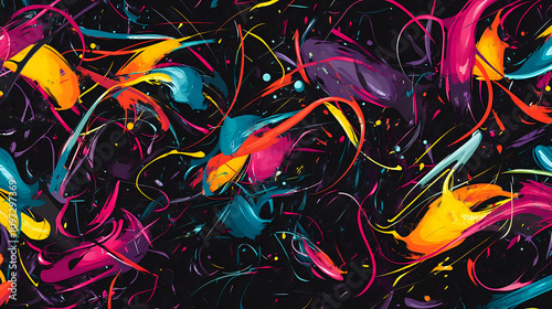 Abstract Chaos with Neon Colors, Fluid Swirls, and Splashes on Black Background, Energetic Contemporary Art