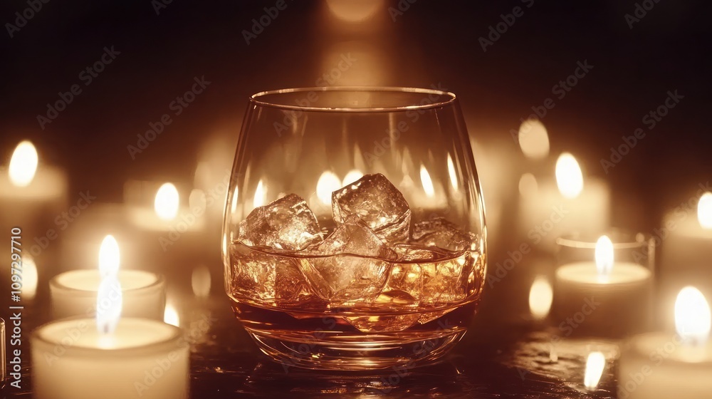 Whisky Night: A glass of amber whisky with ice, surrounded by the warm glow of candlelight, creating a cozy and intimate atmosphere. Whisky Night: A glass of amber whisky with ice, surrounded by the warm glow of candlelight, creating a cozy and intimate atmosphere.