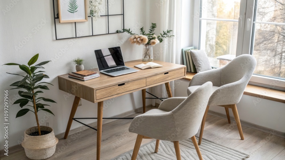 Minimalist Home Office Setup with Wooden Desk, Laptop, and Decorative Plant in Natural Light