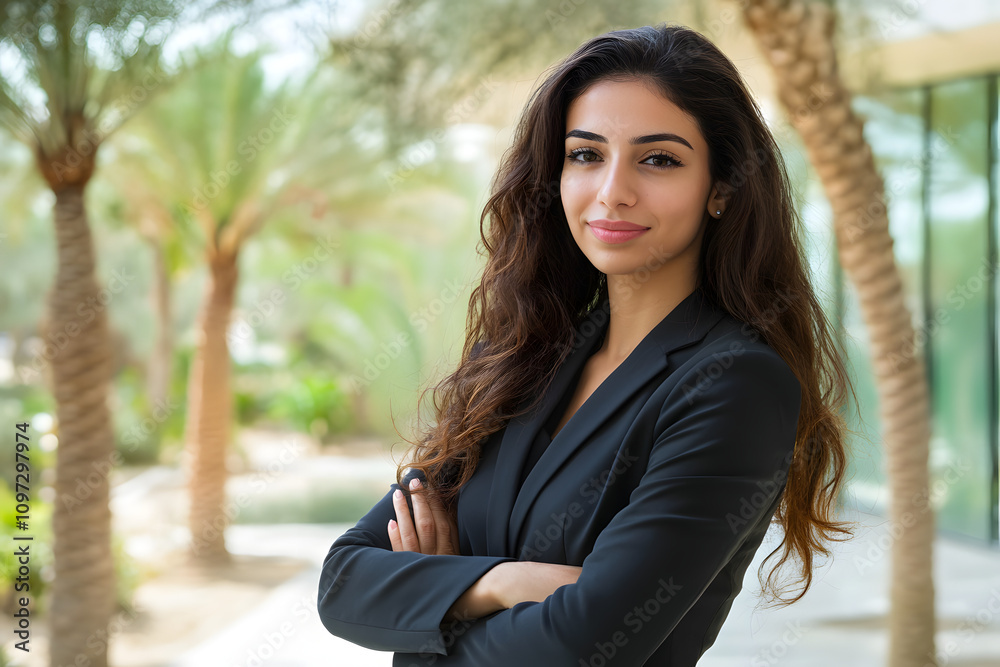 Confident businesswoman standing in a lush landscape with palm trees, showcasing professional attire and a warm smile. Confident businesswoman standing in a lush landscape with palm trees, showcasing professional attire and a warm smile.