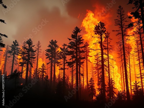 A forest engulfed in flames with burning trees standing tall amidst the inferno, wildfire, ash