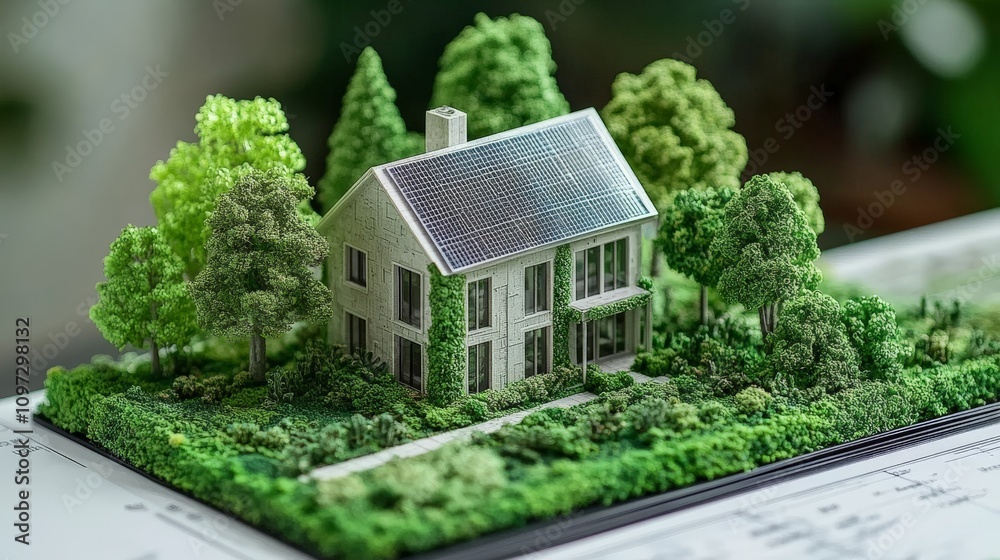 Miniature eco friendly house with greenery on a scaled architectural model, symbolizing sustainable urban planning, green technology, and innovative housing design Miniature eco friendly house with greenery on a scaled architectural model, symbolizing sustainable urban planning, green technology, and innovative housing design