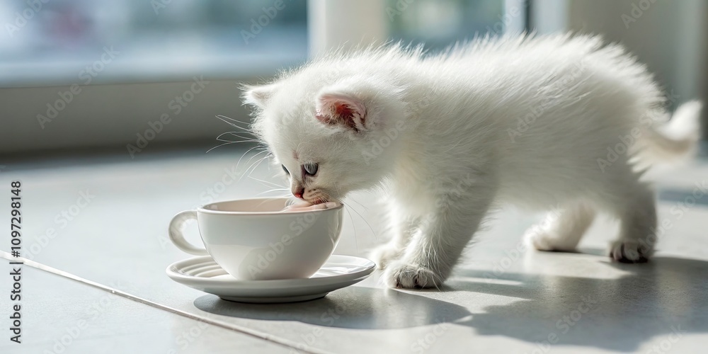 Fototapeta premium Minimalist Photography of a Fluffy White Kitten Drinking from a Cup in Soft Lighting