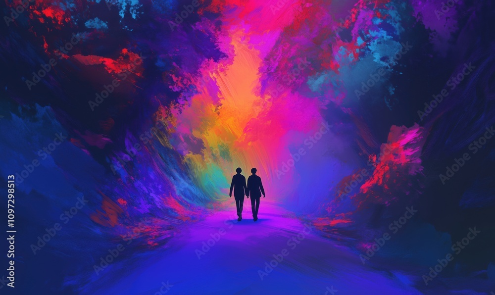 Fototapeta premium Colorful abstract pathway with silhouettes walking, vibrant hues, surreal atmosphere, enchanting forest, dreamlike scenery