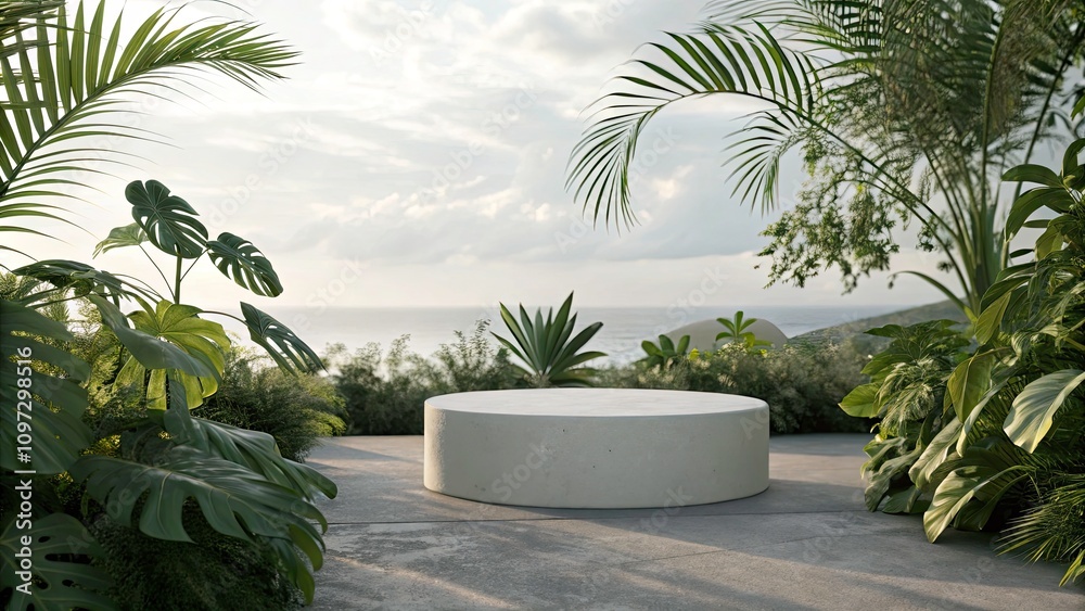 Fototapeta premium Minimalist Tropical Podium Display with Green Plant Shadows for Serene Backgrounds