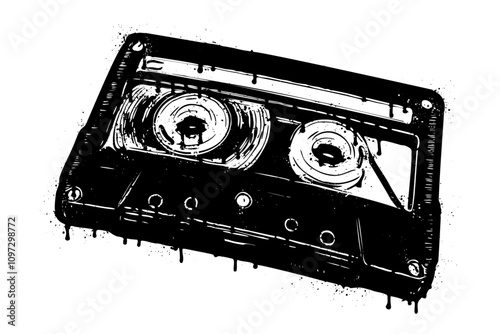 Retro cassette tape graphic in graffiti stencil style with dripping paint effect