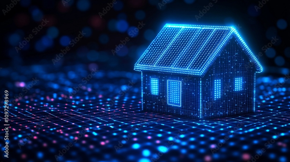 Small glowing smart house with blue neon lines set in a grid like digital surface, representing IoT technology, renewable energy integration, and futuristic energy efficient systems Small glowing smart house with blue neon lines set in a grid like digital surface, representing IoT technology, renewable energy integration, and futuristic energy efficient systems