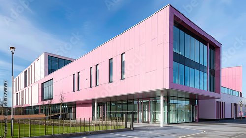 Modern Architectural Building with Pink Facade and Large Windows Under Clear Blue Sky, Showcasing Contemporary Design and Innovative Urban Planning