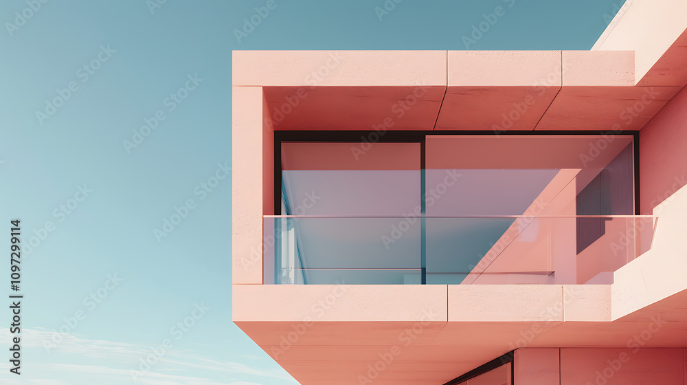 Fototapeta premium Modern Minimalist Architecture Featuring a Unique Pink Facade and Large Glass Windows Against a Clear Blue Sky