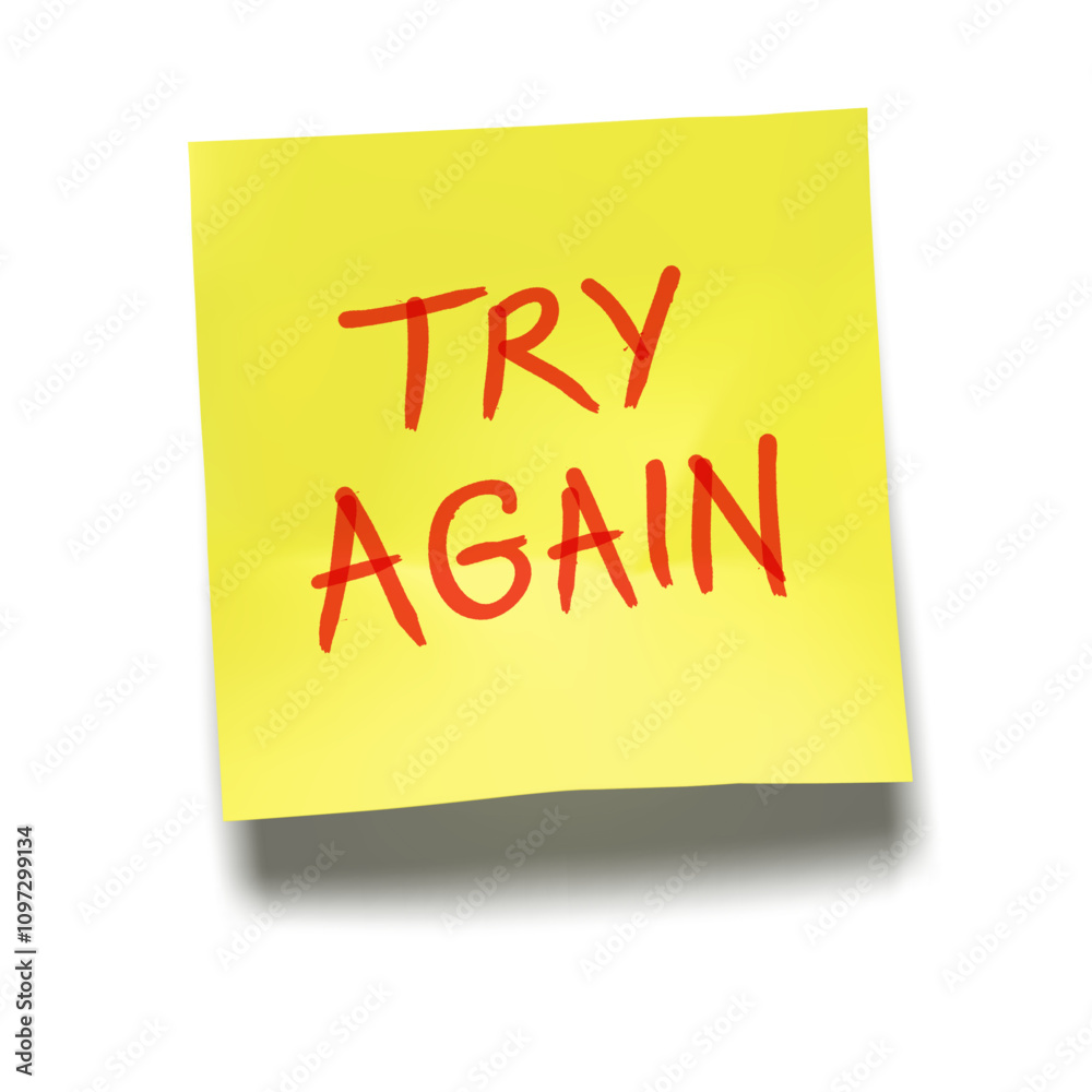‘Try Again’ written in red on yellow sticky note with cast shadow ‘Try Again’ written in red on yellow sticky note with cast shadow