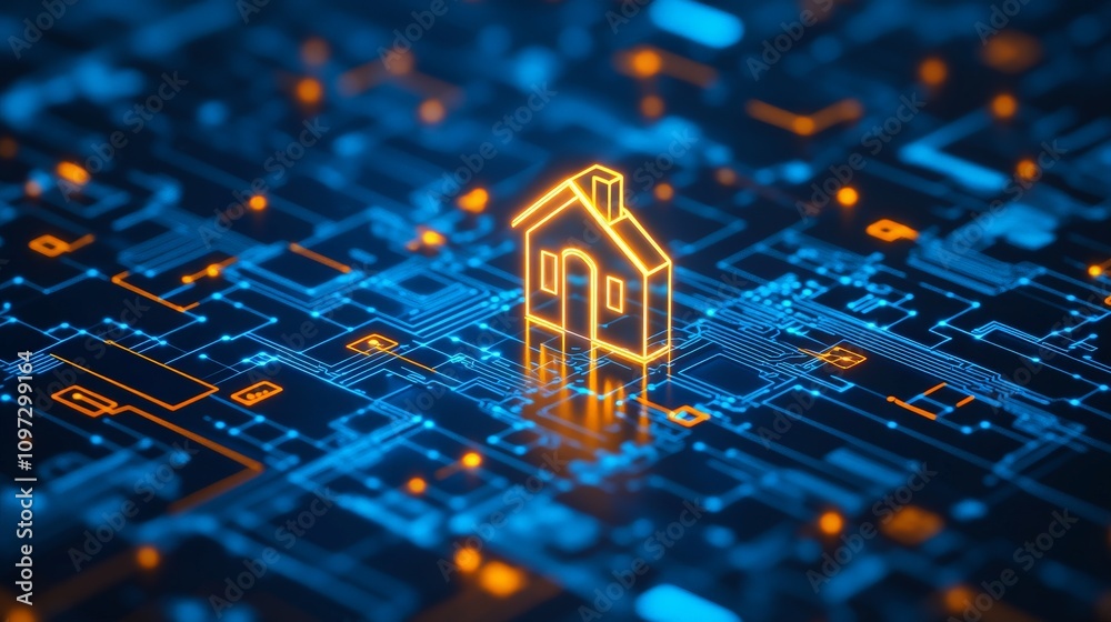Digital smart home concept with glowing house icon on circuit board background symbolizing innovation in IoT, futuristic architecture, and energy efficiency Digital smart home concept with glowing house icon on circuit board background symbolizing innovation in IoT, futuristic architecture, and energy efficiency