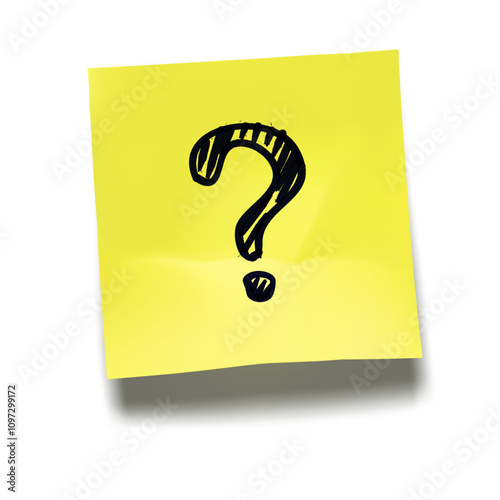 Question mark doodle on a yellow sticky note with cast shadow