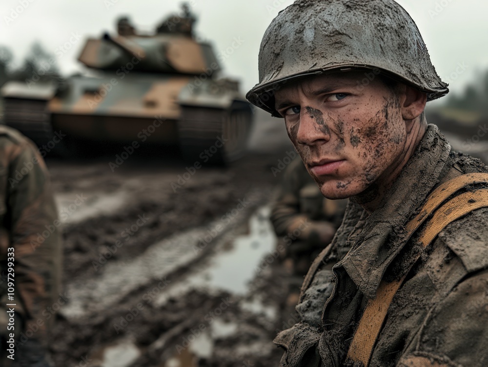 Mud-Covered Soldier, Serious, WWII Battlefield Mud-Covered Soldier, Serious, WWII Battlefield