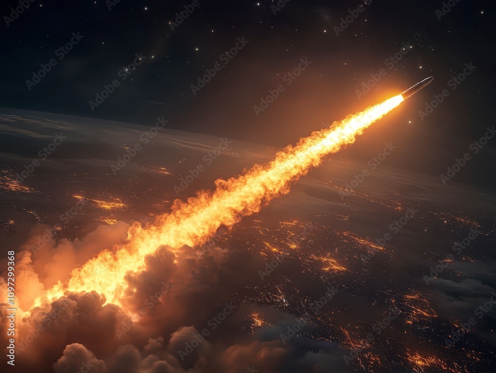 Fototapeta premium Fiery Rocket Launch Over Night Cityscape