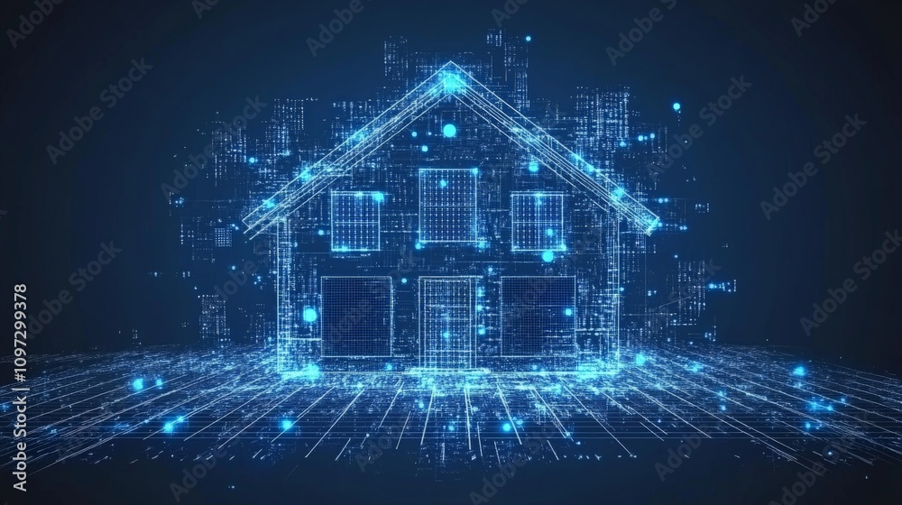Digital holographic blueprint of a house in glowing blue light, showcasing cutting edge smart home technology, data integration, and futuristic visualization tools Digital holographic blueprint of a house in glowing blue light, showcasing cutting edge smart home technology, data integration, and futuristic visualization tools