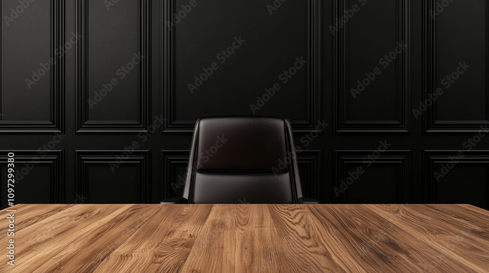 A sleek, modern conference room with a wooden table and an empty leather chair against a dark, paneled wall. A sleek, modern conference room with a wooden table and an empty leather chair against a dark, paneled wall.