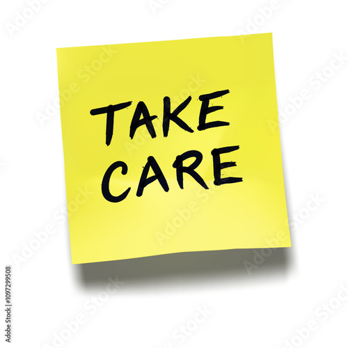 ‘Take Care’ written on yellow sticky note with cast shadow 