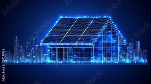 Digital blueprint of a modern house with glowing neon blue lines on a black background, representing advanced smart home technology and eco conscious futuristic architectural design