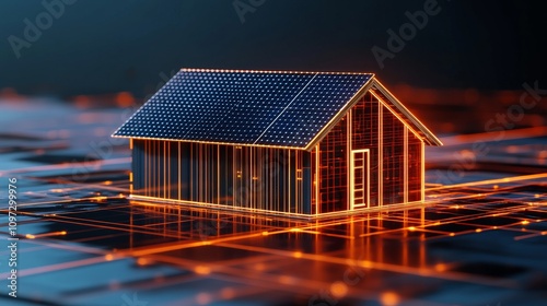 Digital rendering of a glowing orange rural house with solar panels in a dark environment, symbolizing advanced renewable energy and futuristic eco living concepts