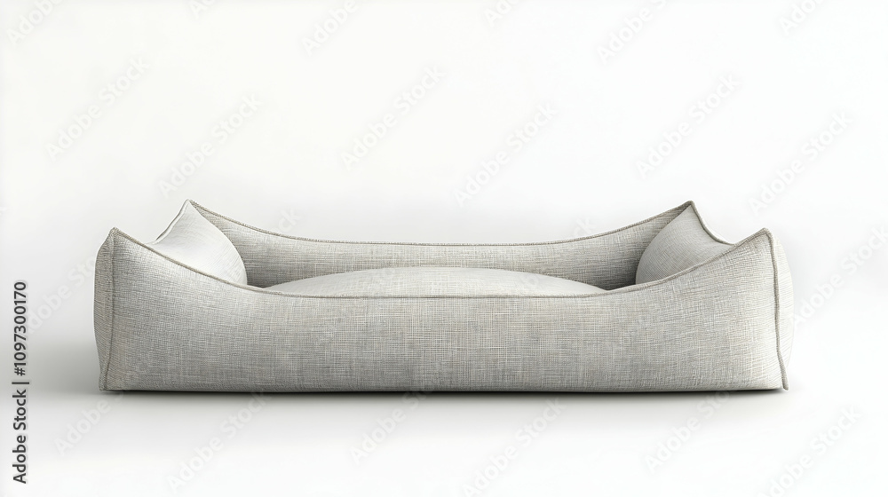 Modern minimalist pet bed with two pillows, light grey fabric, isolated on white background. Modern minimalist pet bed with two pillows, light grey fabric, isolated on white background.
