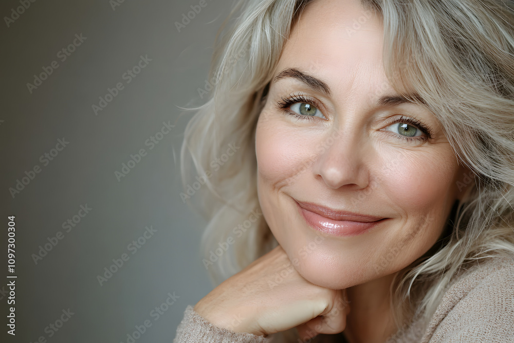 Portrait of a smiling middle-aged woman with natural beauty and soft lighting