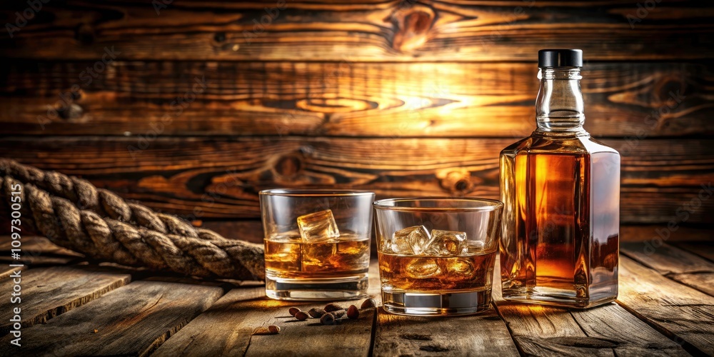 Rustic Scotch Whiskey Product Photography with Wood Background, Glasses, and Copy Space for Marketing and Branding Rustic Scotch Whiskey Product Photography with Wood Background, Glasses, and Copy Space for Marketing and Branding