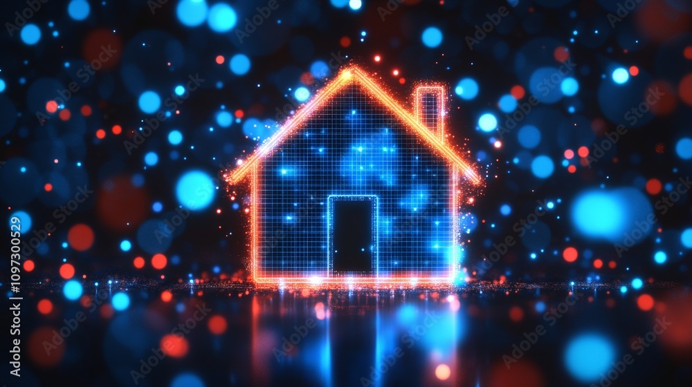 Futuristic house glowing in neon red and blue lights against a dark background, symbolizing advanced digital housing technology, smart energy systems, and sustainable living concepts Futuristic house glowing in neon red and blue lights against a dark background, symbolizing advanced digital housing technology, smart energy systems, and sustainable living concepts