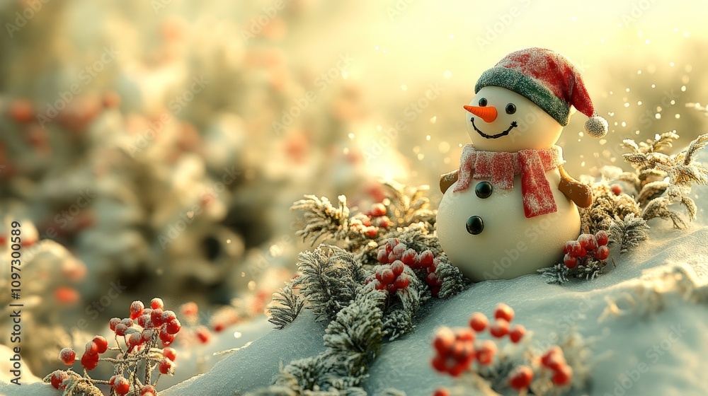 Snowman with a festive red hat surrounded by frosted pine branches and snow covered berries, symbolizing holiday cheer, winter beauty, and seasonal decoration Snowman with a festive red hat surrounded by frosted pine branches and snow covered berries, symbolizing holiday cheer, winter beauty, and seasonal decoration