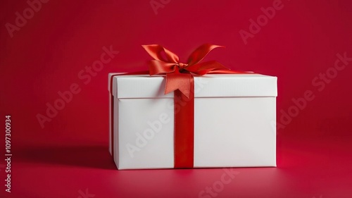 Isolated gift white box with light and big red bow against burgundy background, isolated gift, simple elegance