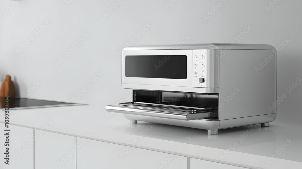 Modern silver countertop oven with open drawer in minimalist kitchen. Modern silver countertop oven with open drawer in minimalist kitchen.