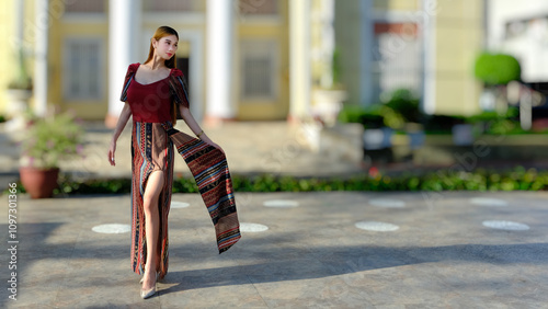 A young woman with flowing long hair gracefully poses for a photoshoot, set against the backdrop of a softly blurred yellow and white building.