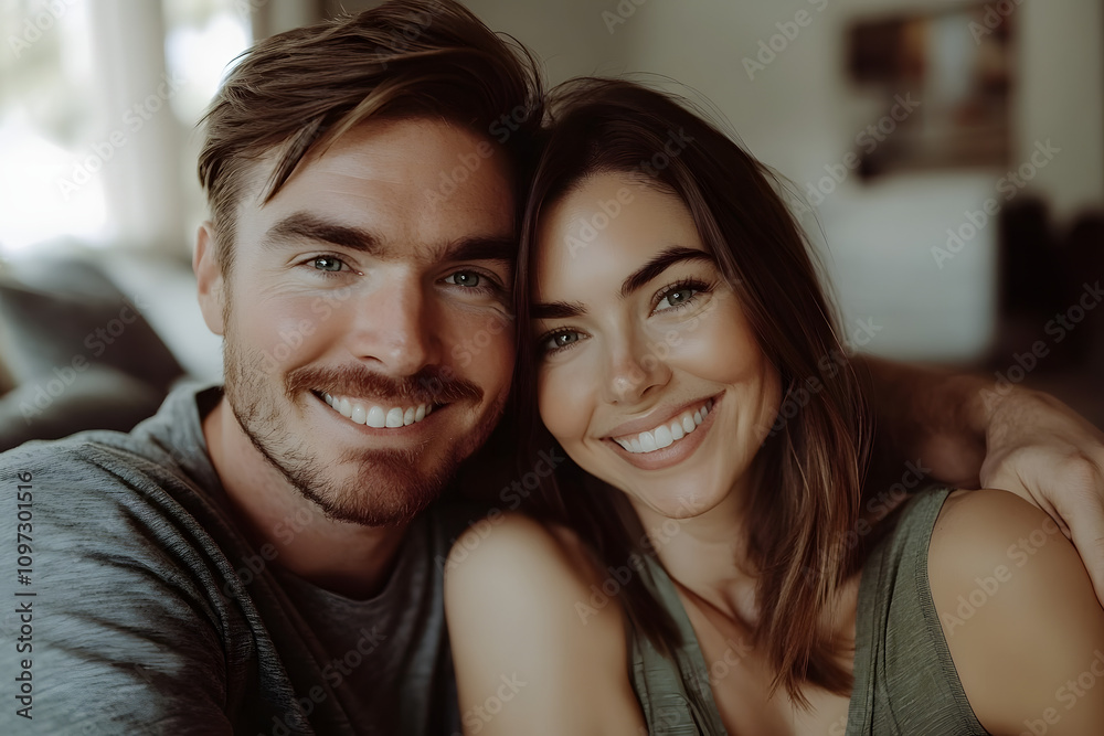 Happy Couple Embracing in a Cozy Living Room, Capturing Joy and Connection