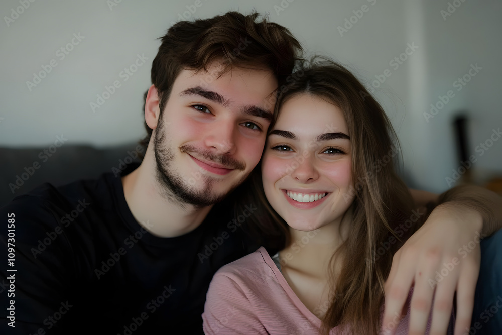 Happy Young Couple Smiling Together on a Couch in Cozy Living Room Setting Happy Young Couple Smiling Together on a Couch in Cozy Living Room Setting