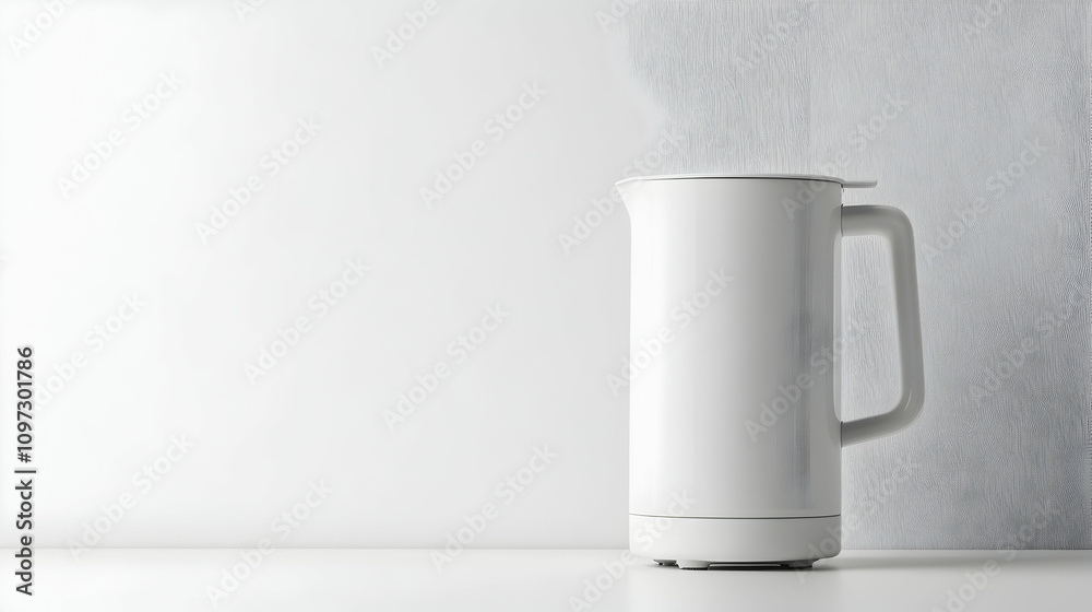 Modern white electric kettle on a white surface against a textured wall. Modern white electric kettle on a white surface against a textured wall.