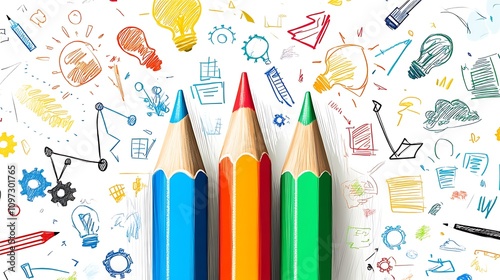  A colorful pencil with arrows pointing up and down design symbolizes the growth of ideas in business or education. The arrows are made from different color designs, such as red for energy design,  photo