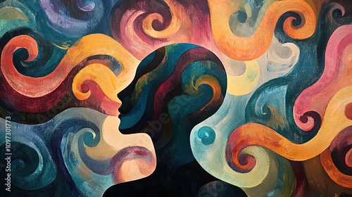A vibrant and colorful artwork featuring a silhouette of a human head in profile. The background is filled with swirling patterns in various shades, including warm oranges, yellows, blues, and purples