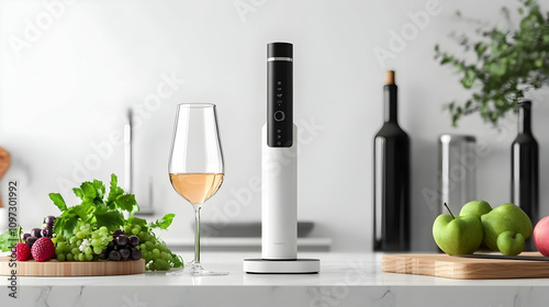 Modern wine aerator on kitchen counter with wine glass and fruit.
