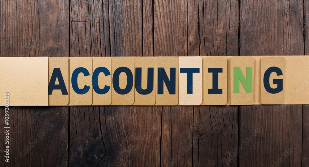 accounting lettering on card with wooden background accounting lettering on card with wooden background