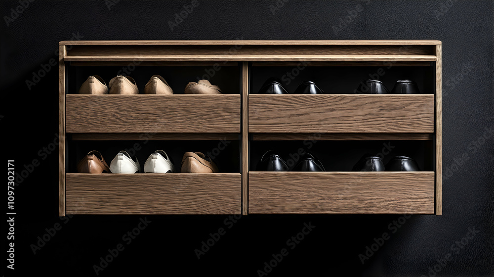 Modern wooden shoe storage unit with multiple drawers neatly organized with various shoes.
