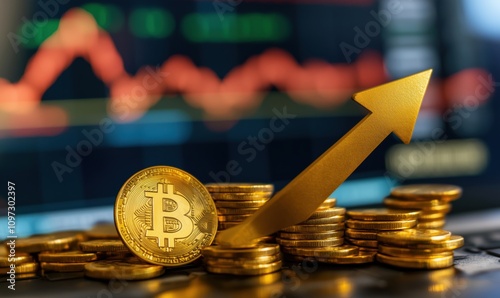 Bitcoin price surge with upward trend, golden coins stacked, financial chart background photo