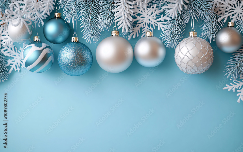 A serene Christmas ornament arrangement boasting glossy teal, matte white, and shimmering silver against a pastel blue backdrop, ideal for holiday cards and festive decor. A serene Christmas ornament arrangement boasting glossy teal, matte white, and shimmering silver against a pastel blue backdrop, ideal for holiday cards and festive decor.