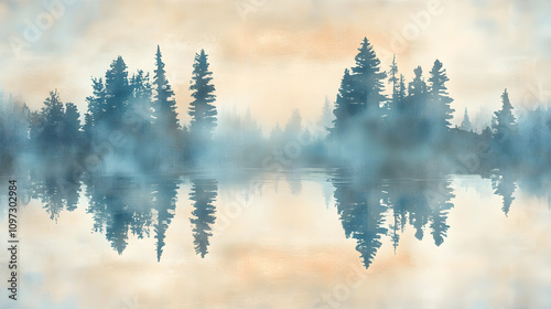 A misty, atmospheric watercolor painting with trees emerging through layers of soft gray fog