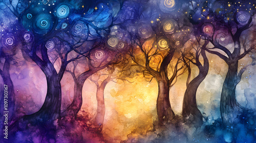 Fantasy-style watercolor trees with swirling shapes and glowing colors like purples, blues, and golds photo