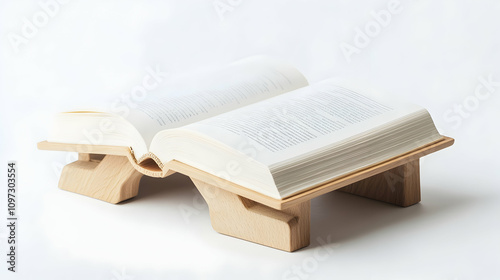 Open book on a wooden stand, isolated on white background. photo