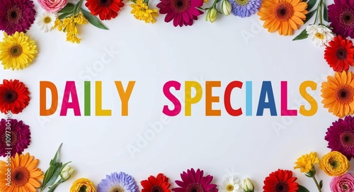 daily specials lettering with colorful flowers on plain white background photo